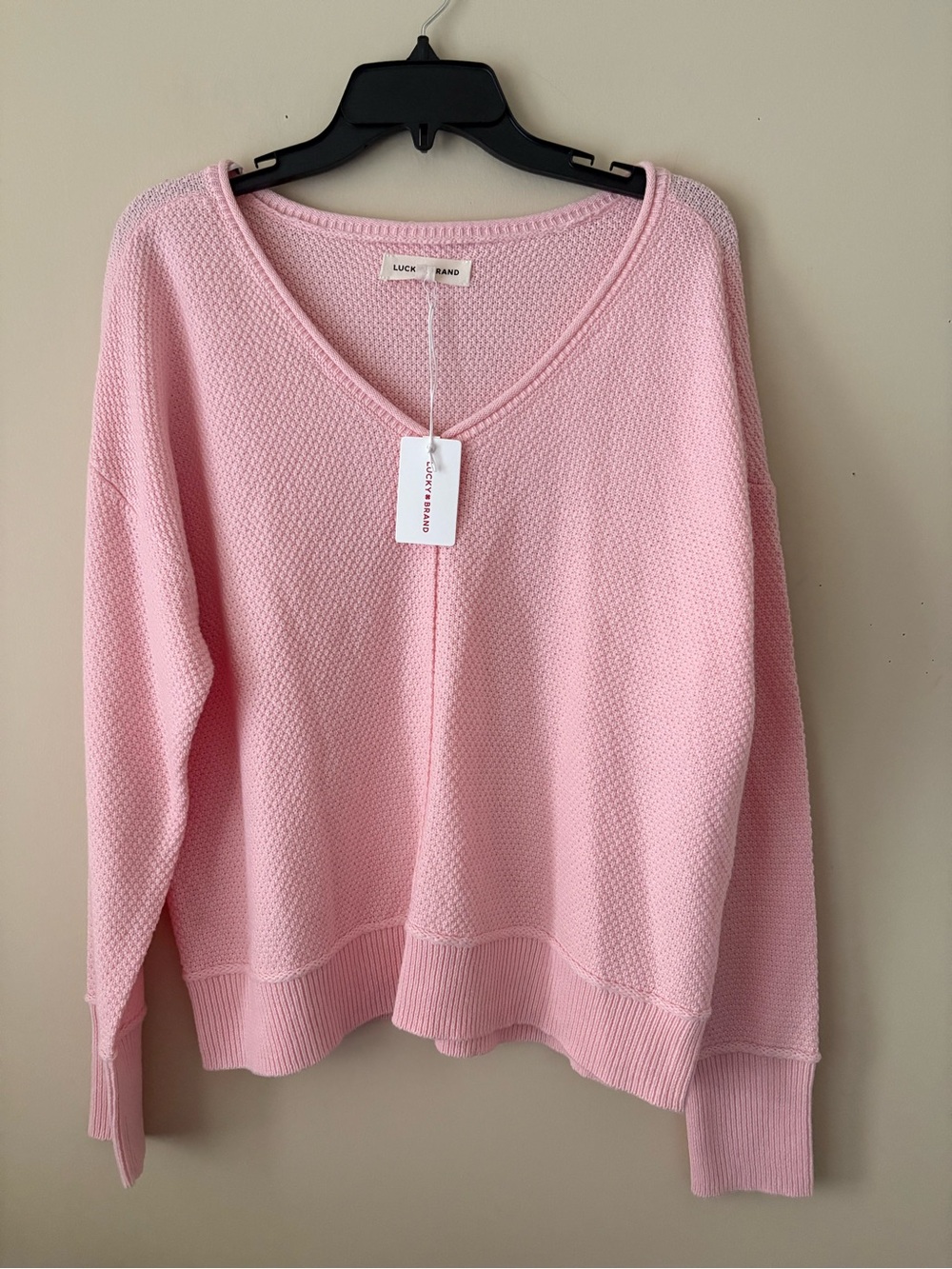 Lucky Brand Light Pink V-Neck Textured Knit Sweater Sz. L New